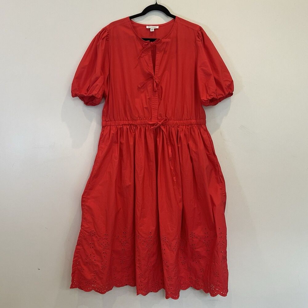 Free Assembly Midi Dress Cotton Puff Sleeves Eyelet Elastic Waist Red XL